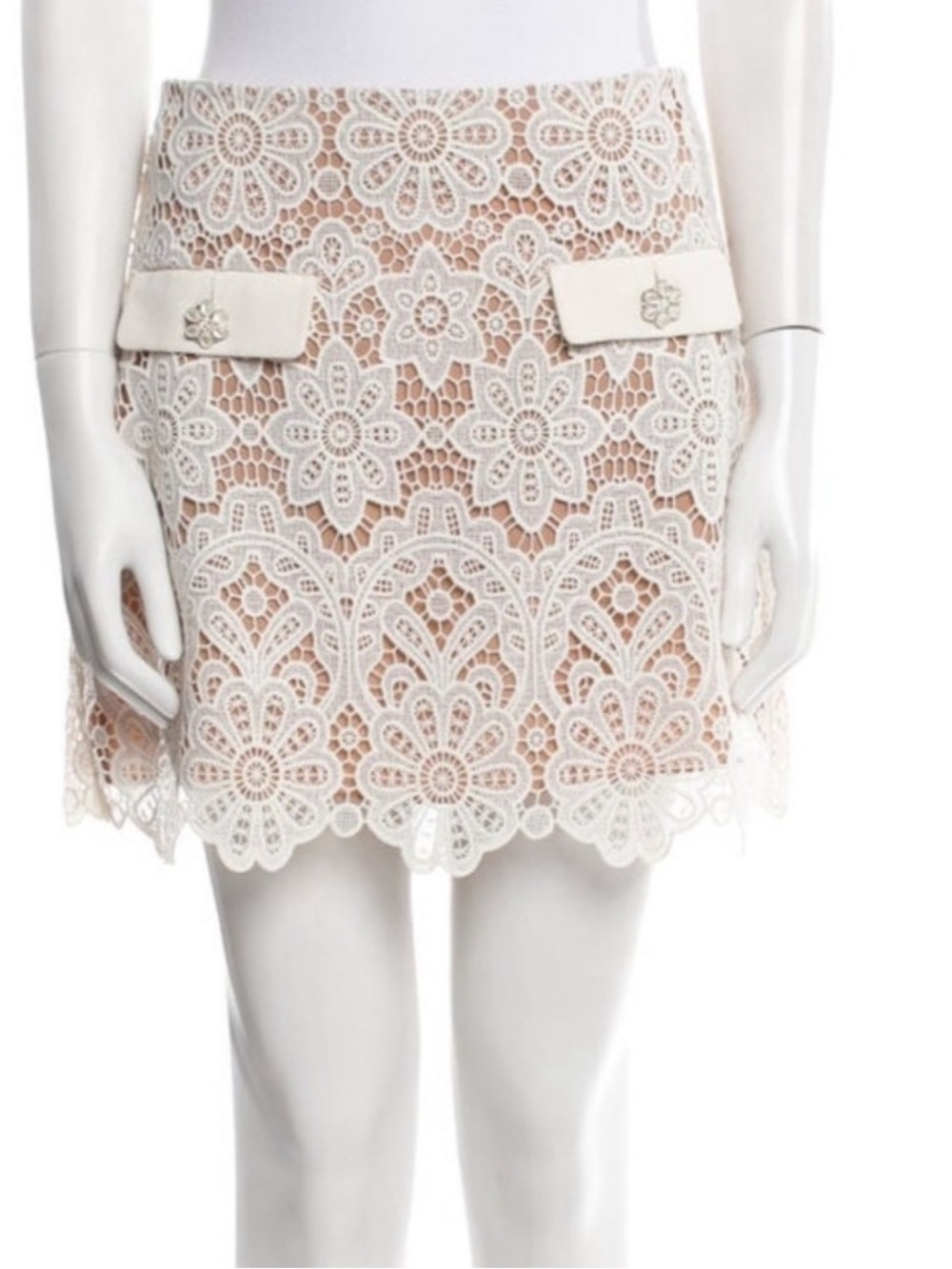 Self-Portrait White Guipure Lace & Tan Utility Mini Skirt Crystal Buttons Size 4